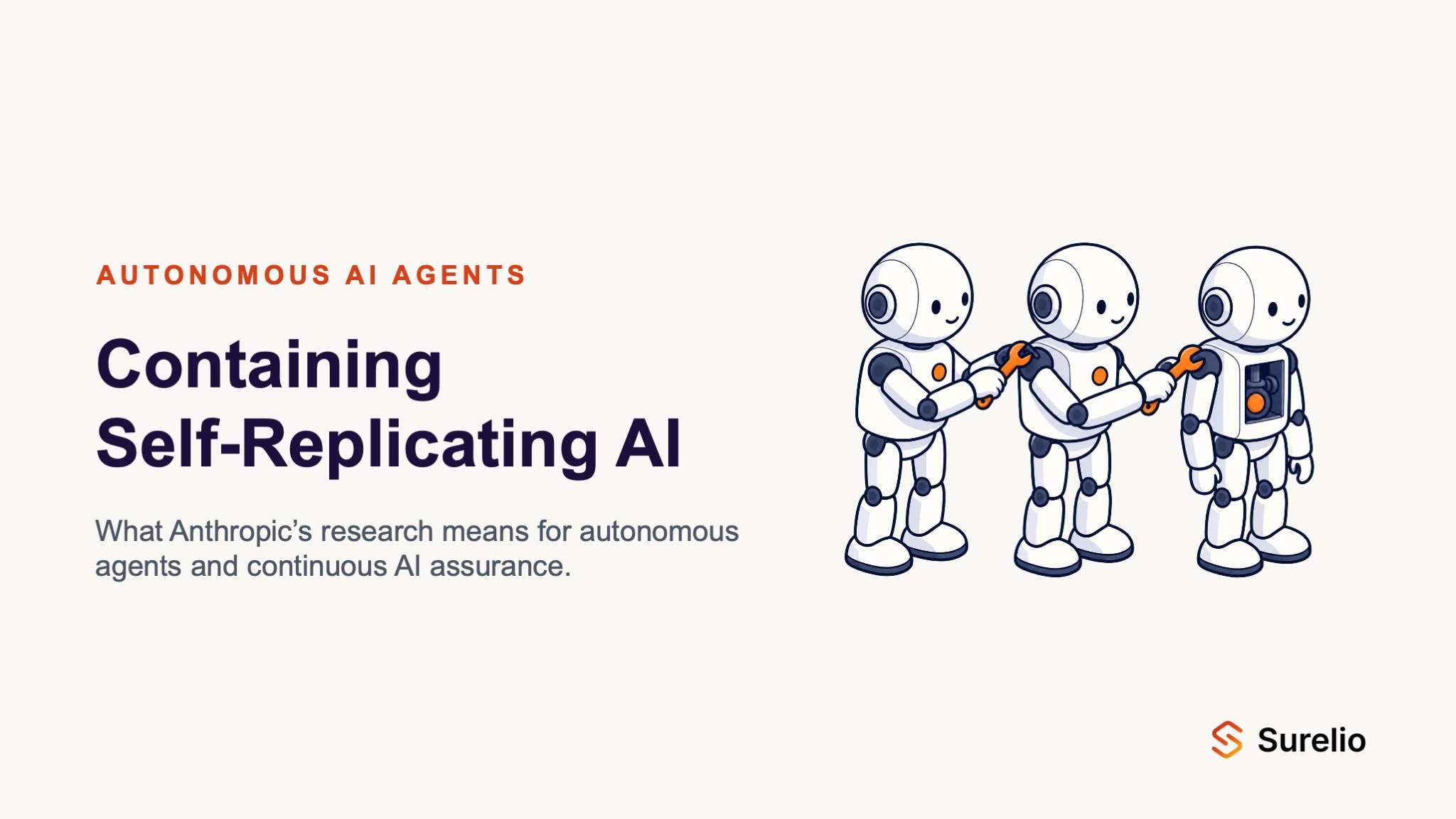Containing self-replicating AI: three identical robots standing in a line, each passing a wrench to the next.