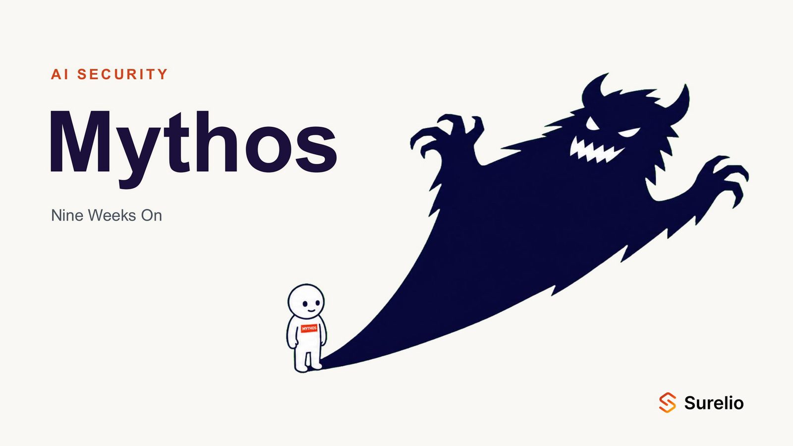 A small figure badged MYTHOS, casting the shadow of an enormous clawed monster.